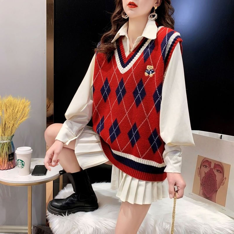 Red Knit Vests for Women Sleev - Winter Clothing Aesthetic 评论和价格